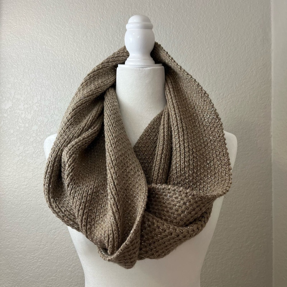 J.Crew Wool Cashmere Blend Knit Infinity Scarf Tan Metallic Thread One Size